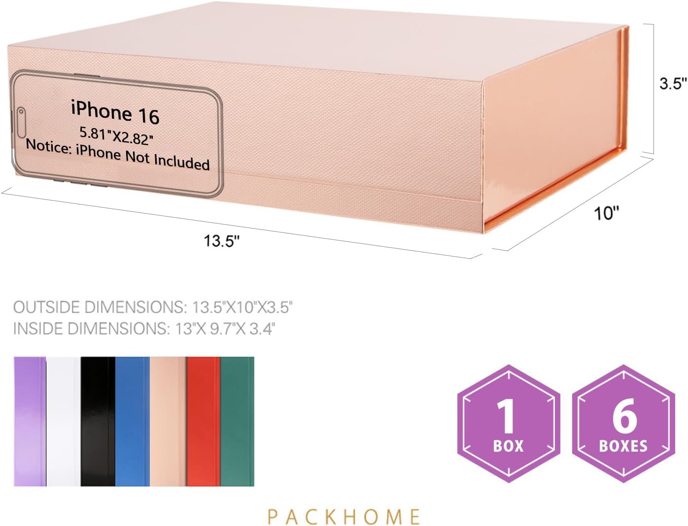 PACKHOME Large Gift Box 13.5x10x3.5 Inches, Sturdy Shirt Box with Magnetic Lid for Multiple Occasions (Glossy Rose Gold)