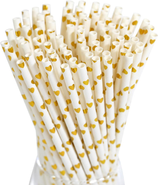 Gold Paper Straws - Biodegradable Disposable Drinking Straws for Party, Birthday, Wedding, Celebrations, Gold Foil Heart, 7.75 Inch 100 Bulk Straws