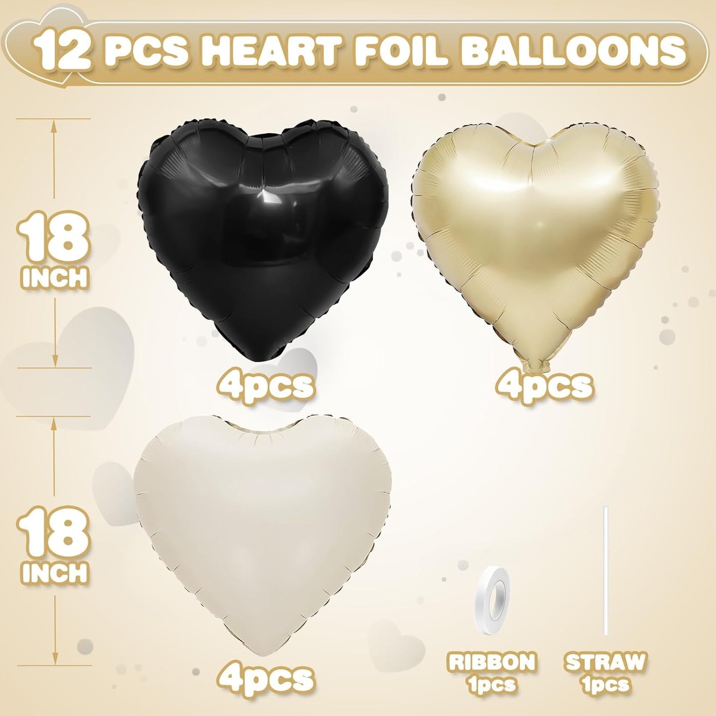 Black White Gold Heart Balloons,12Pcs 18Inch Black Cream White Champagne Gold Heart Shaped Foil Helium Balloons for Baby Shower Birthday Anniversary Wedding Engagement Party Decorations