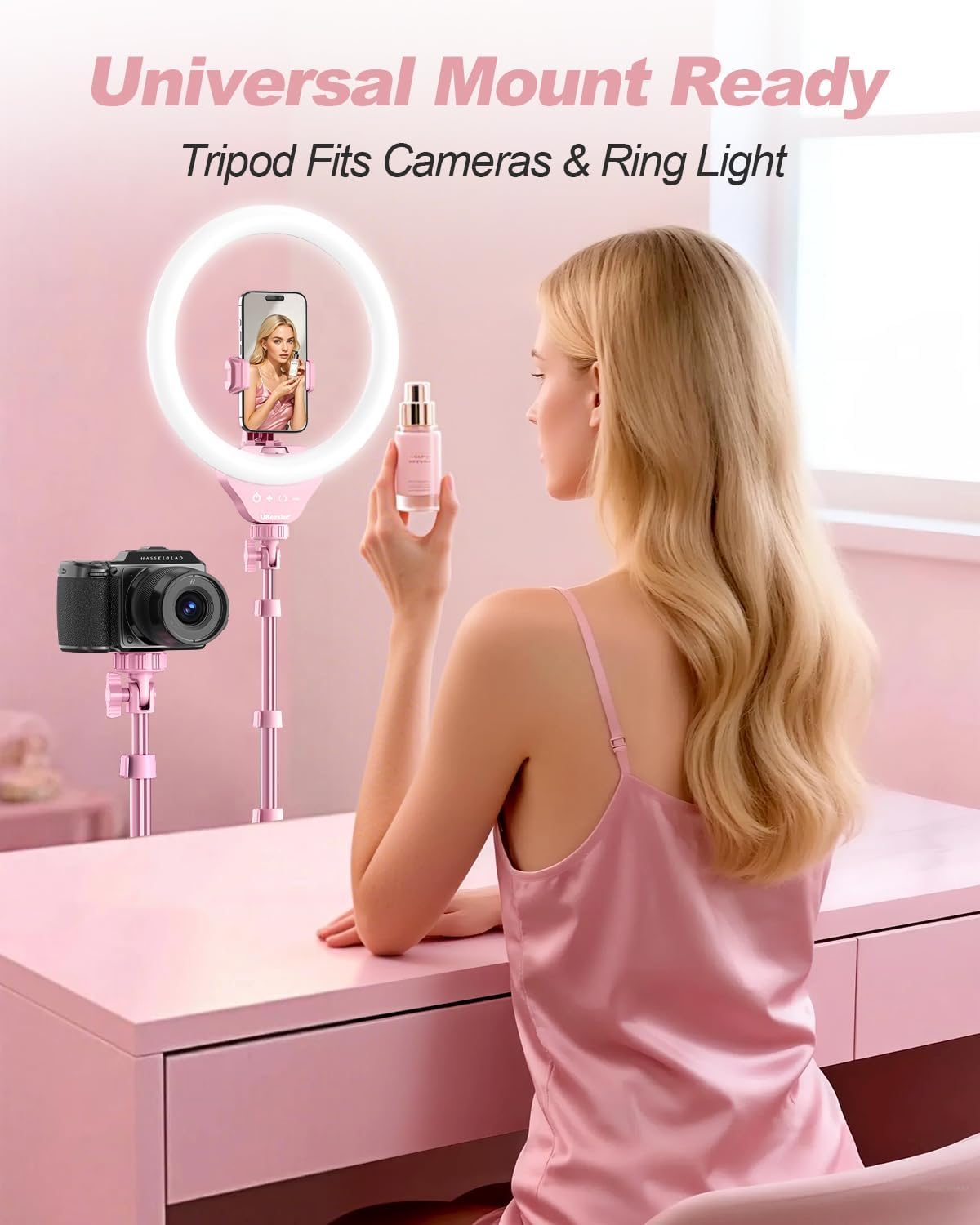 UBeesize 12'' Selfie Ring Light with 62’’ Tripod Stand for Video Recording, Live Streaming(YouTube, Instagram, TIK Tok), Compatible with Phones, Cameras and Webcams Pink