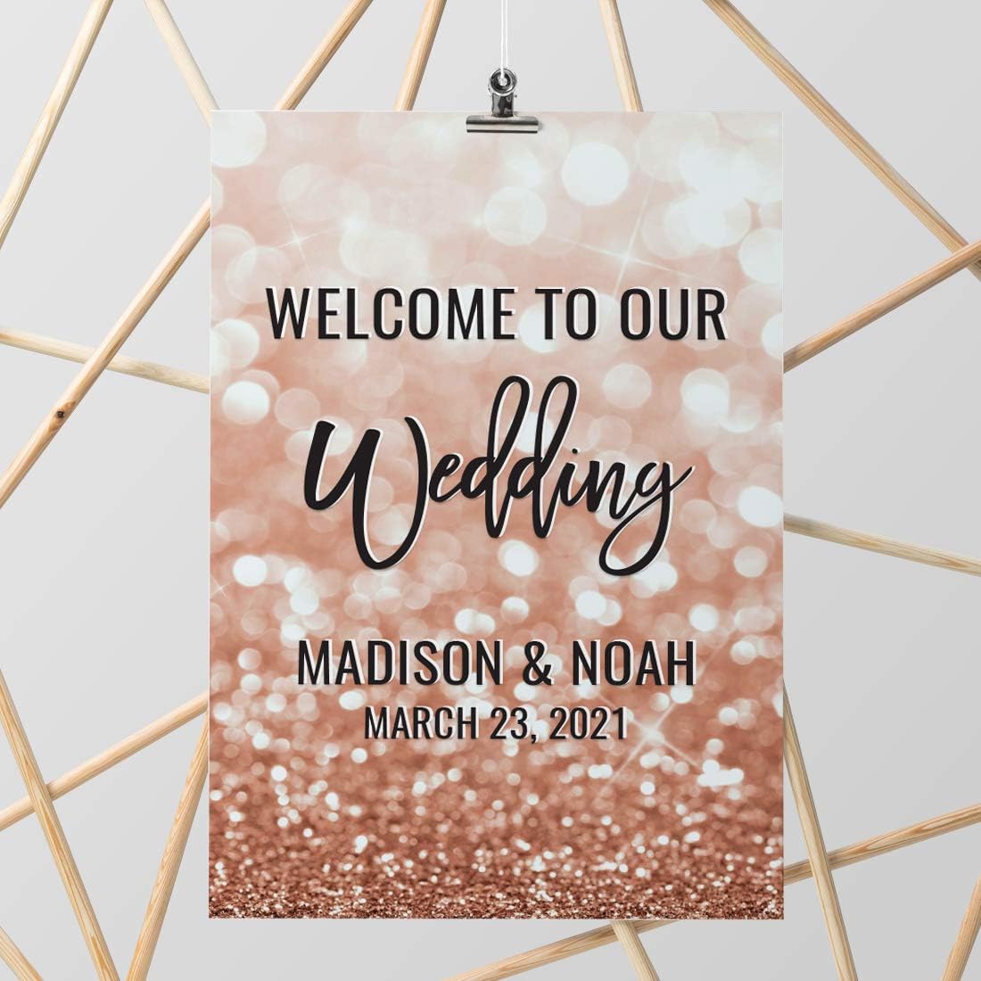 Andaz Press Personalized Extra Large Wedding Easel Board Party Sign, 12x18-inch, Glitzy Faux Rose Gold Glitter, Welcome to Our Wedding Bride Groom Name Date, 1-Pack, Custom