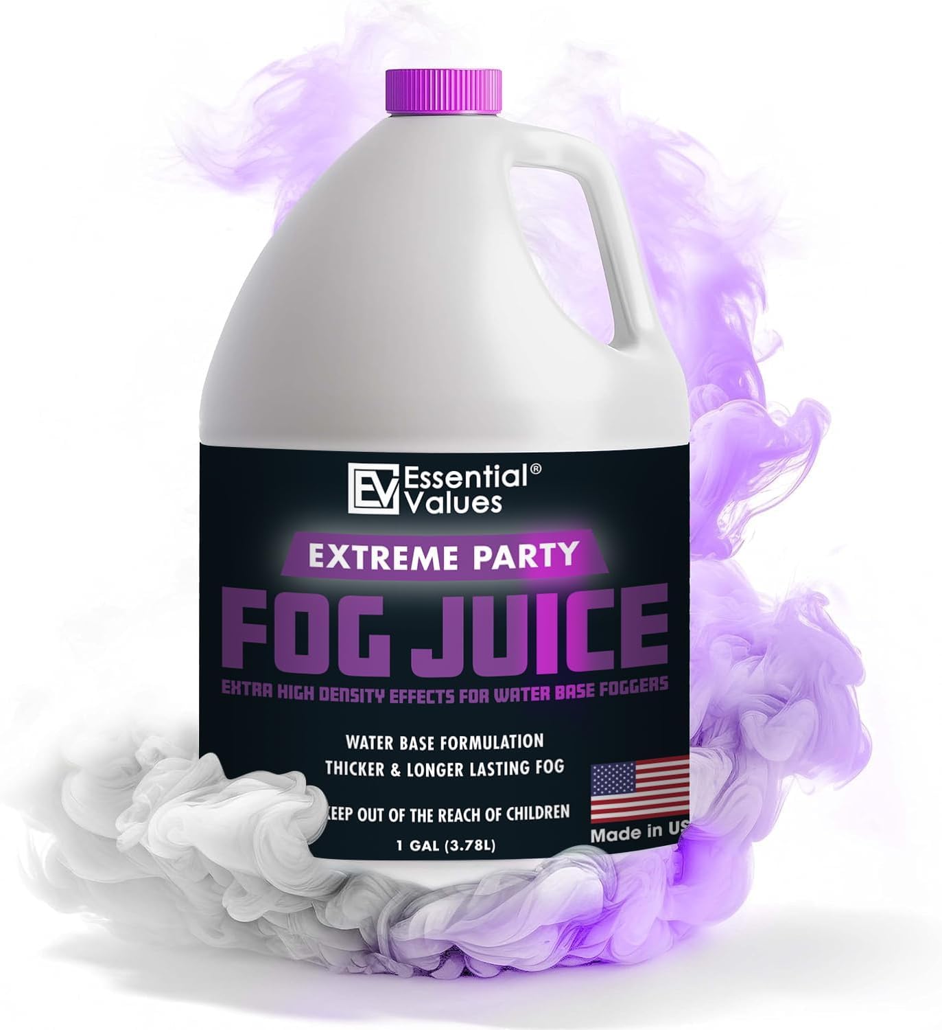 Essential Values Fog Machine Fluid - Extreme High Density Fog Juice (128 FL OZ / 1 Gallon) – White-Out Conditions for Water Based Foggers Designed for 700 Watts+ - Manufactured in USA