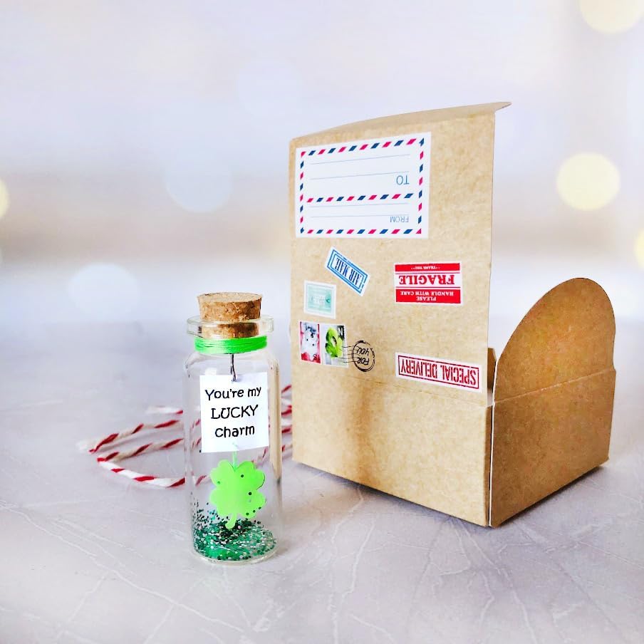 Kseniya Revta Inspirational Message in a Bottle Gift Idea - Classy Gifts for Friends and Family - Unique Boyfriend Girlfriend Presents (Green Clover - You're My Lucky Charm, in Craft Gift Box)