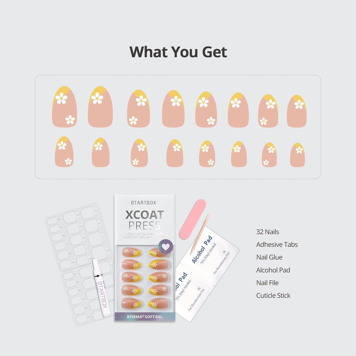 BTArtbox French Tip Press On Nails - Lamp-Curable Short Almond Press On Nails with Glue for Women, Semi-Transparent Soft Gel Glue On Nails in 16 Sizes - 32 Stick On Nails Kit, Daisy