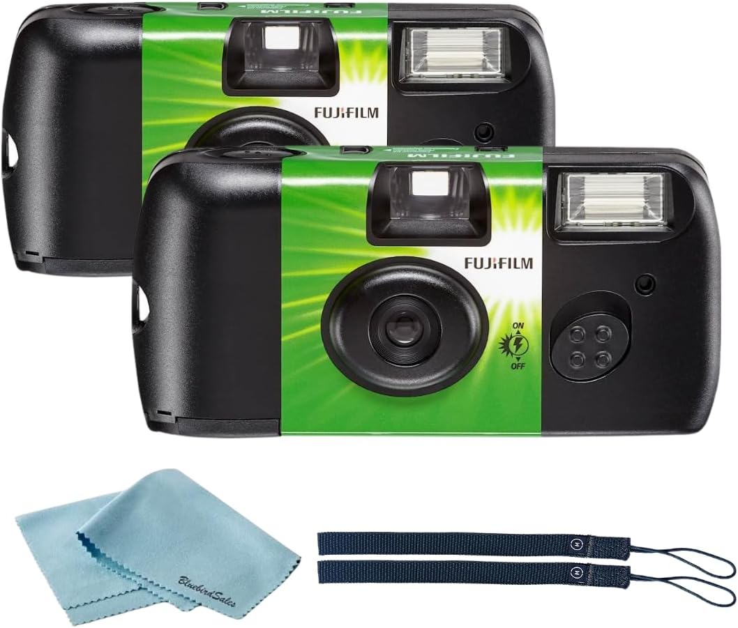 Fujifilm QuickSnap Flash 400 Disposable 35mm Camera • 2 Pack • 2 Hand Straps • BluebirdSales Microfiber Cleaning Cloth