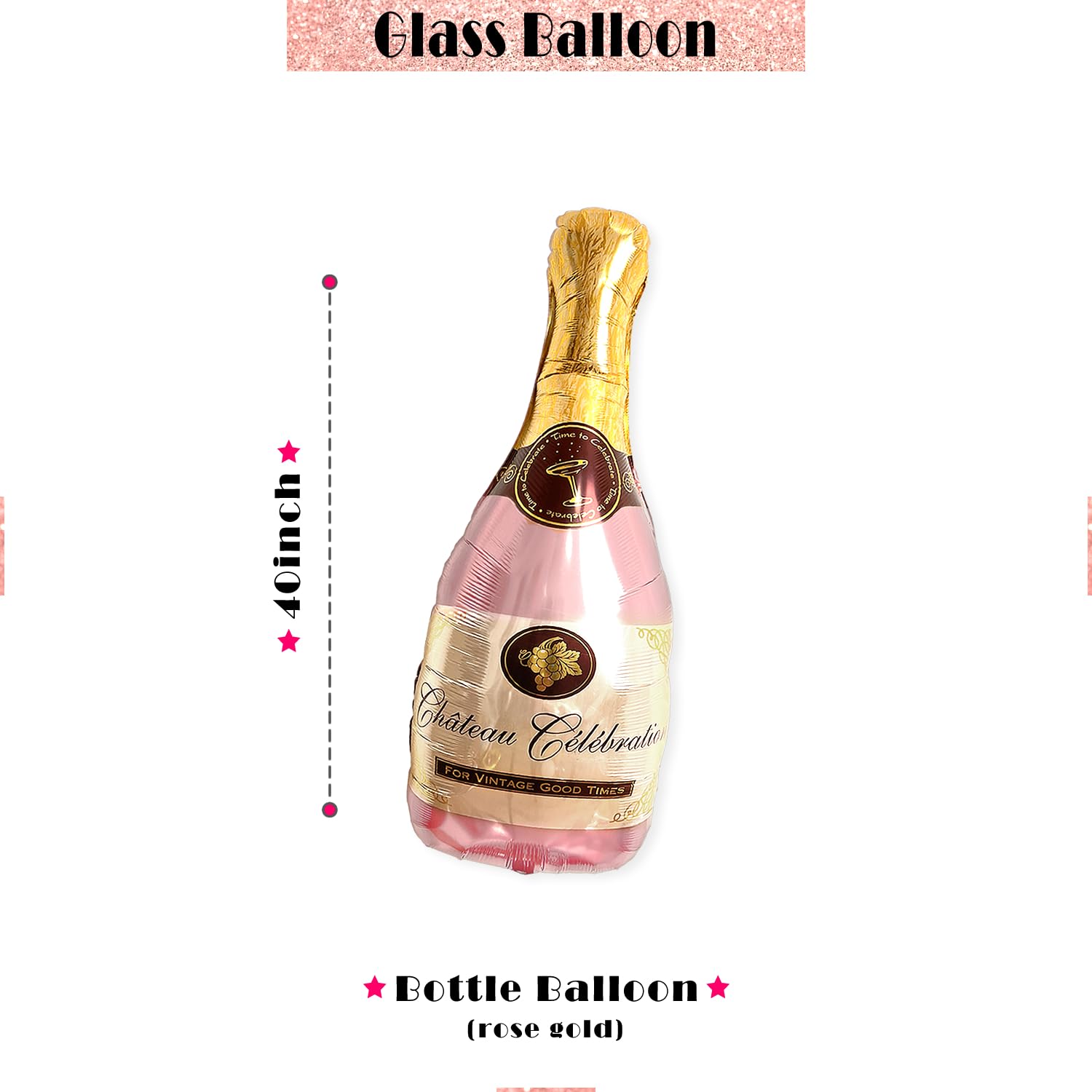 PartyForever 2 Gold Glitter Ring Bachelorette Party Balloons with 40inch Bottle Balloon and Glass