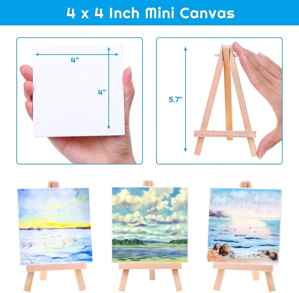 Mini Canvases 18 Pack, Cridoz Small Painting Canvas with Mini Easel 4x4 Inches Art Canvases Painting Kit for Kids Teenagers Acrylic Pouring Oil Water Color