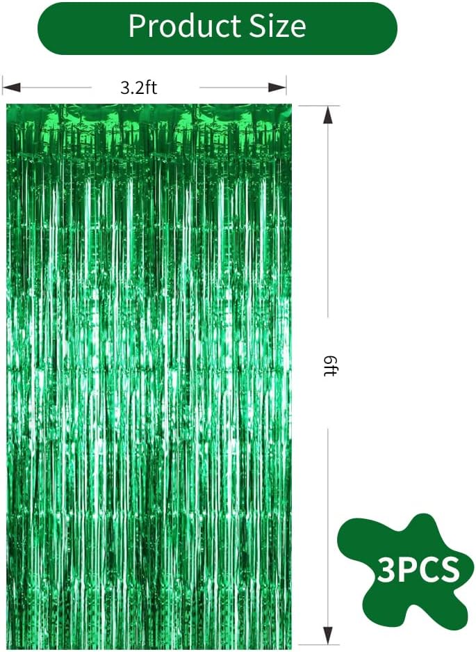 TONIFUL 3Pcs Green Door Streamers,Green Photo Booth Backdrop,Metallic Streamers Green Foil Fringe Curtains for Birthday,Christmas,New Year,St. Patrick's Day Party Streamers Decor(9.9ft x 6.6ft)