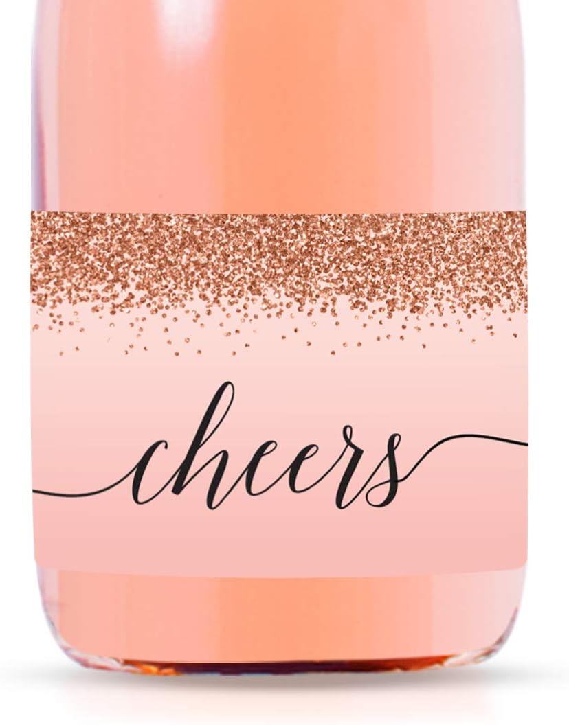 Andaz Press Mini Champagne Wine Bottle Labels, Cheers!, Blush Pink Faux Rose Gold Glitter Elegant, 20-Pack, Party Favor Gift Label Stickers Baby Shower