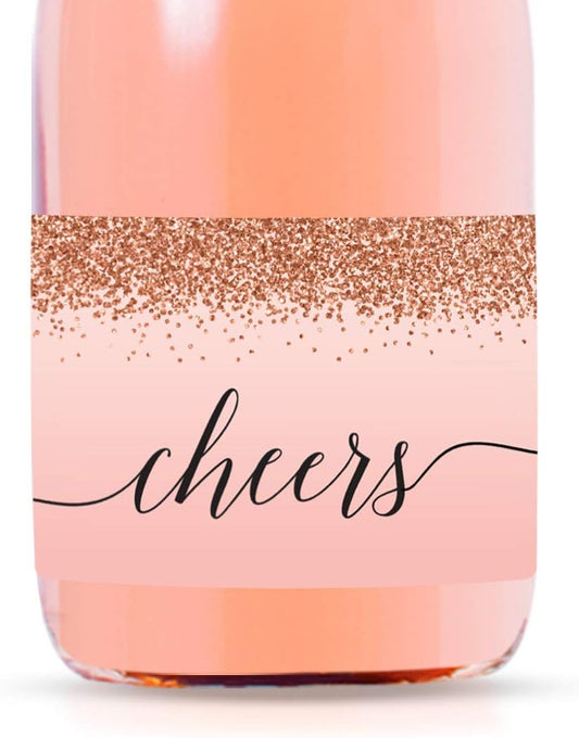 Andaz Press Mini Champagne Wine Bottle Labels, Cheers!, Blush Pink Faux Rose Gold Glitter Elegant, 20-Pack, Party Favor Gift Label Stickers Baby Shower