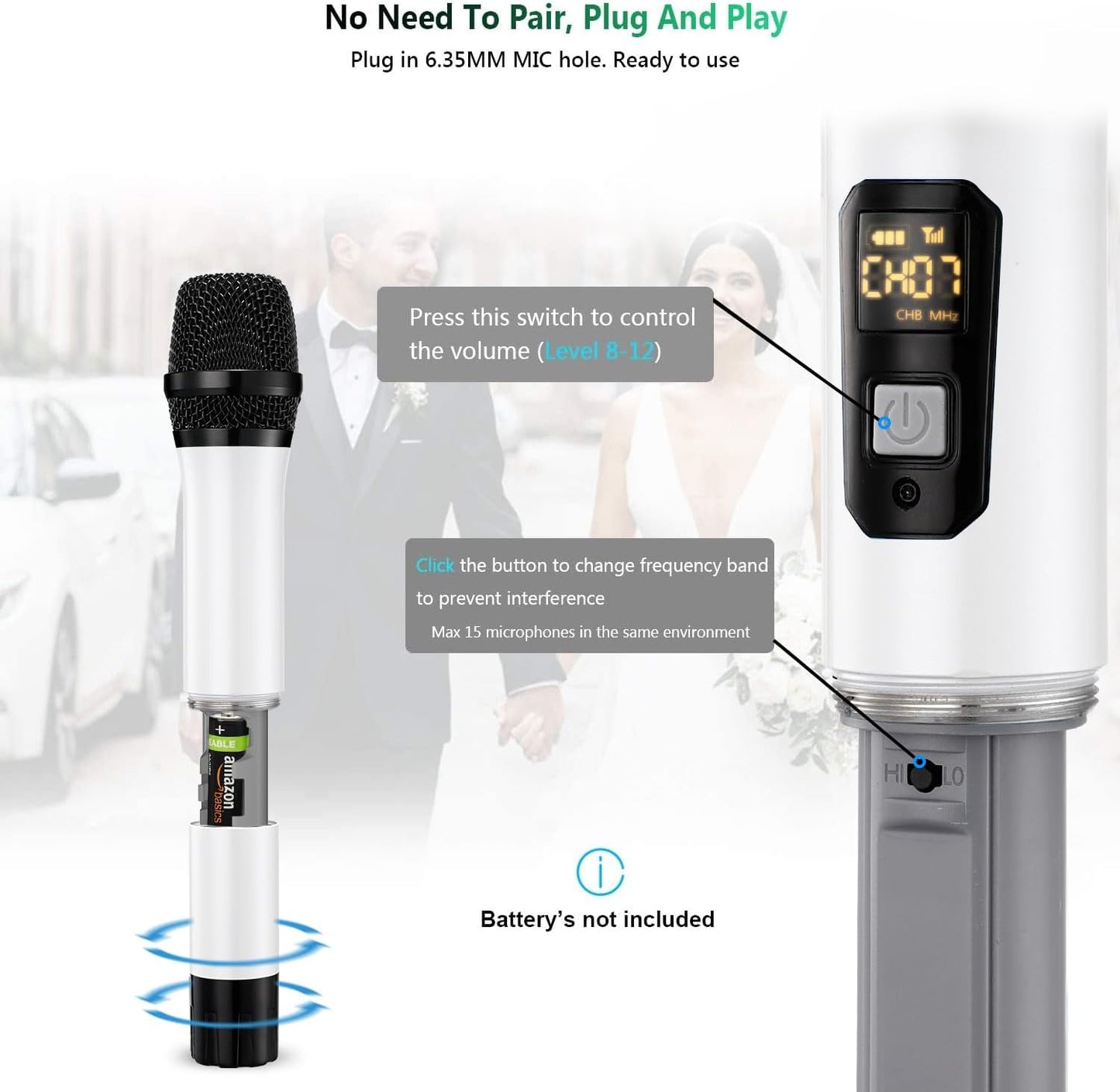 Wireless Microphone, Bietrun UHF Metal Dual Handheld Cordless Dynamic Mic System with Rechargeable Receiver, 1/4‘’Output, for Karaoke, Church, Speech, Wedding, Party Singing(160 ft Range)-Auto Connect