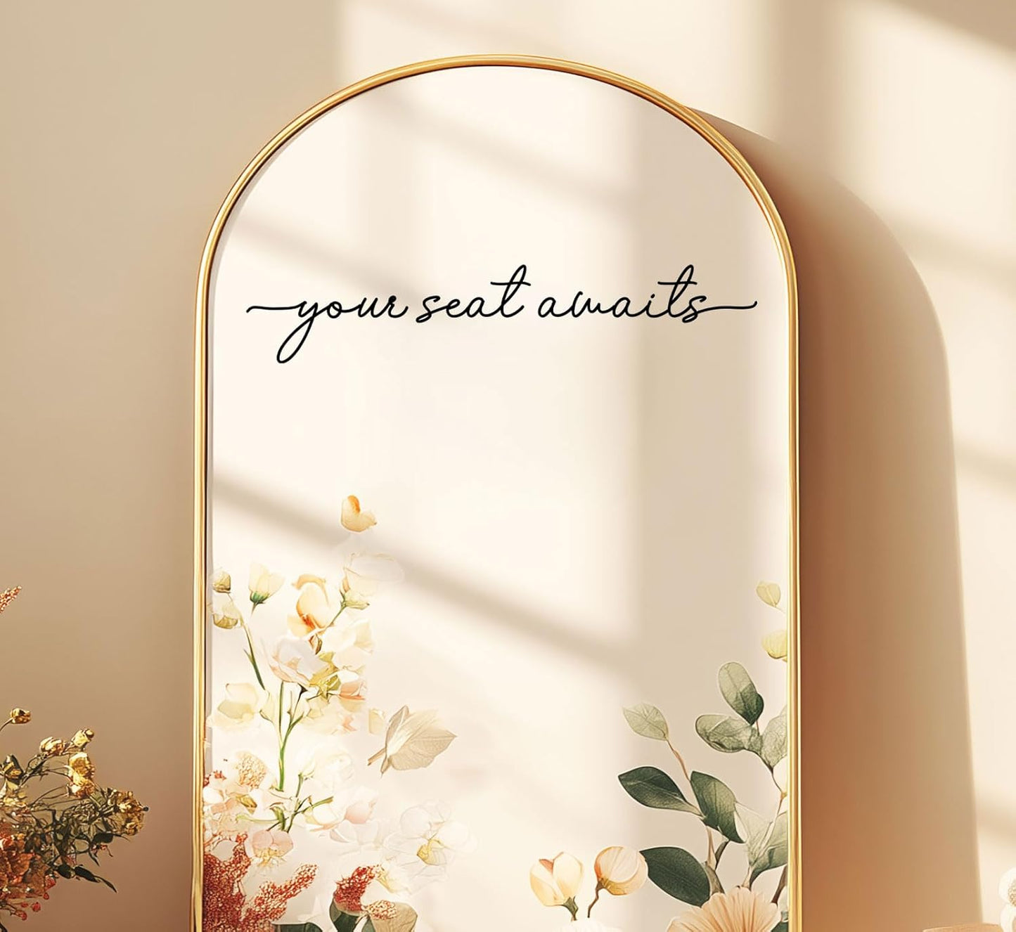 Your Seat Awaits Vinyl Decal, Wedding Seating Sticker, Mirror Decal for Seating, Please Find Your Seat Signs, Wedding Decor Sign (Black, Width 17")