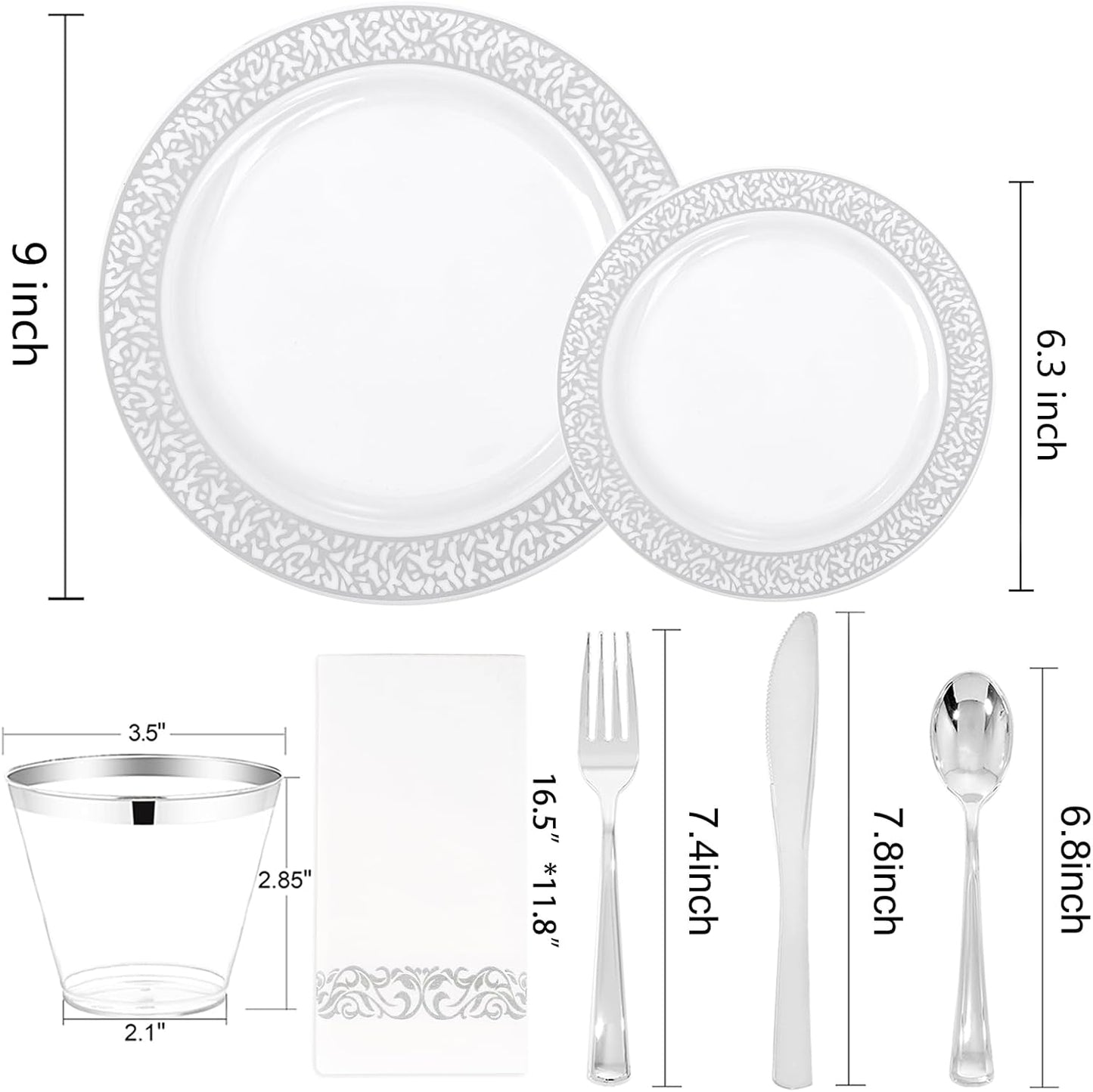 Festiva 350PCS Silver Plastic Dinnerware Set - Disposable Lace Silver Plates and Napkins Party Supplies - include plates,napkins,cups,silverware - Serve for 50 Guests Party&Wedding