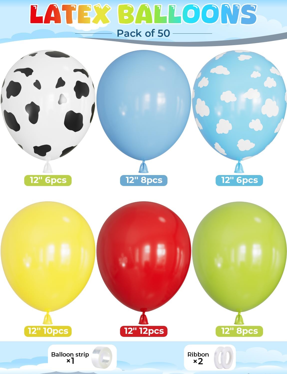 Red Yellow Blue Balloons 12 Inch Red Yellow and Blue Balloons with Sky Blue, Lime Green, Cloud Cow Print Balloon Colorful Latex Balloon for Birthday Baby Shower Farm Themed Party Decorations