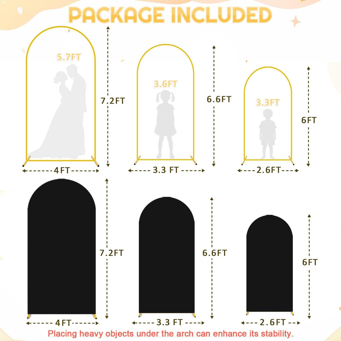 FUHSY Metal Arch Backdrop Stand and Cover Set 6FT, 6.6FT, 7.2FT Black Arch Cover Set of 3 Wedding Backdrop Arch Stands Chiara Arched Frame with Backdrop Covers for Birthday Party Baby Shower Decor