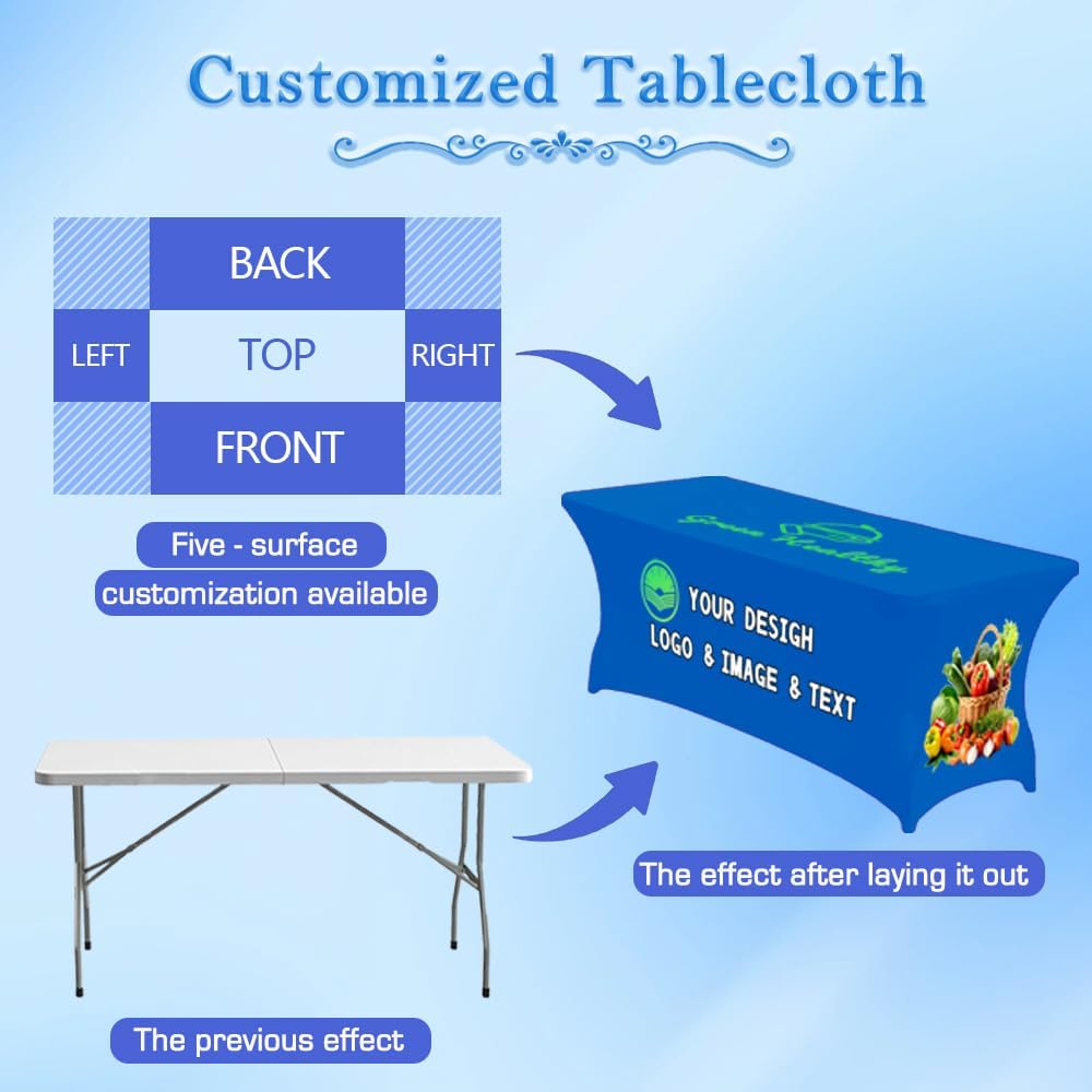 Custom Table Cloth with Business Logo 4FT 5FT 6 FT 8 FT Spandex Customized Table Cover Stretch for Tradeshow Events Birthday Wedding Anniversary Mantel Personalized Table Cloth (6FT)