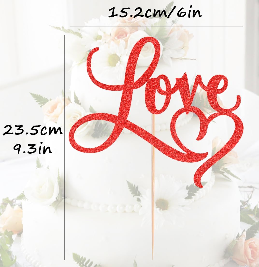 Love Cake Topper - Red Glitter Paper Wedding Cake Decoration Supplies, Perfect for Bridal Shower/Engagement/Anniversary/Birthday Party