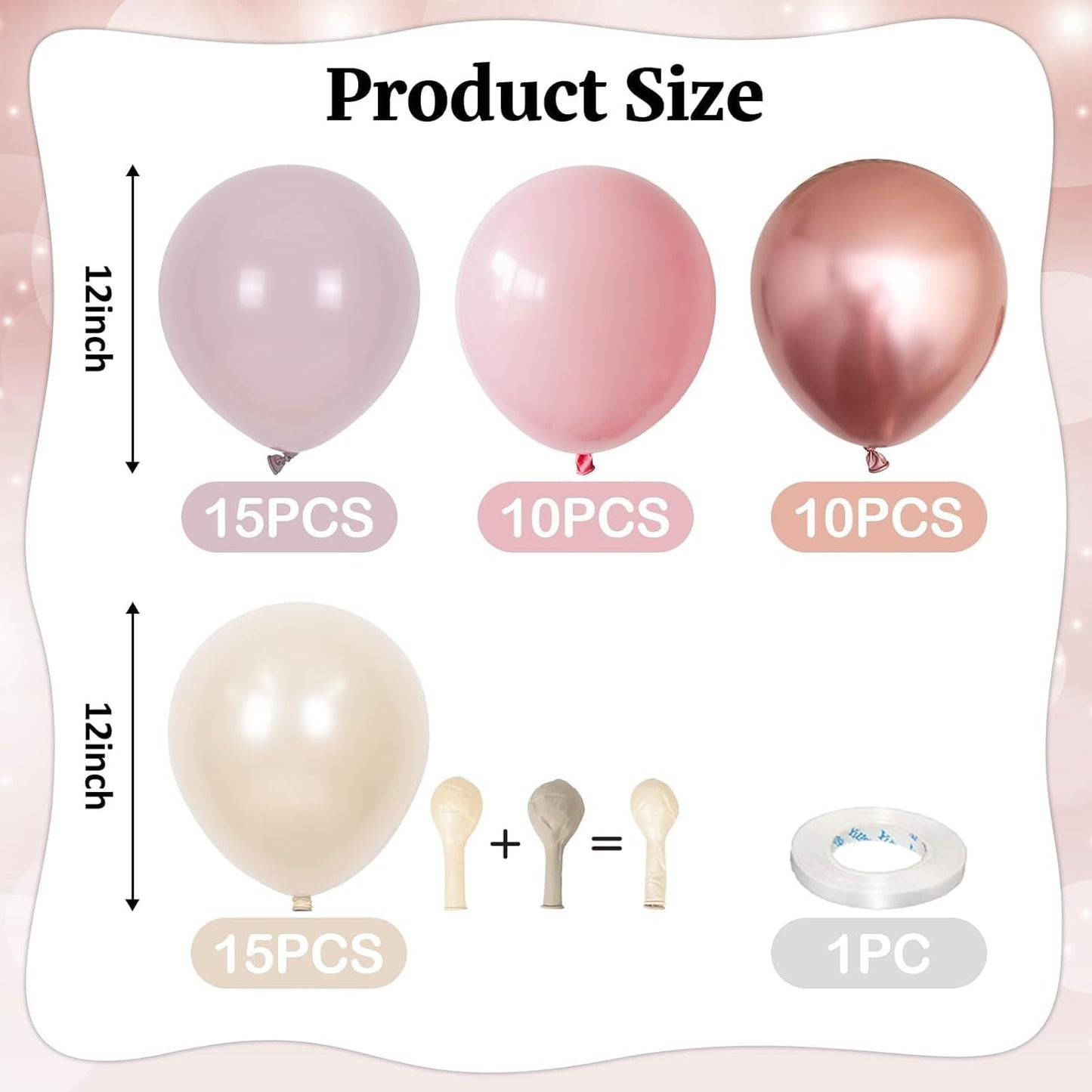 Dusty Pink Balloons, 50pcs Blush Light Pink Double Stuffed Pearl White Metallic Chrome Rose Gold Balloons for Women Girls Birthday Party Boho Wedding Engagement Bridal Shower Baby Shower Decoration