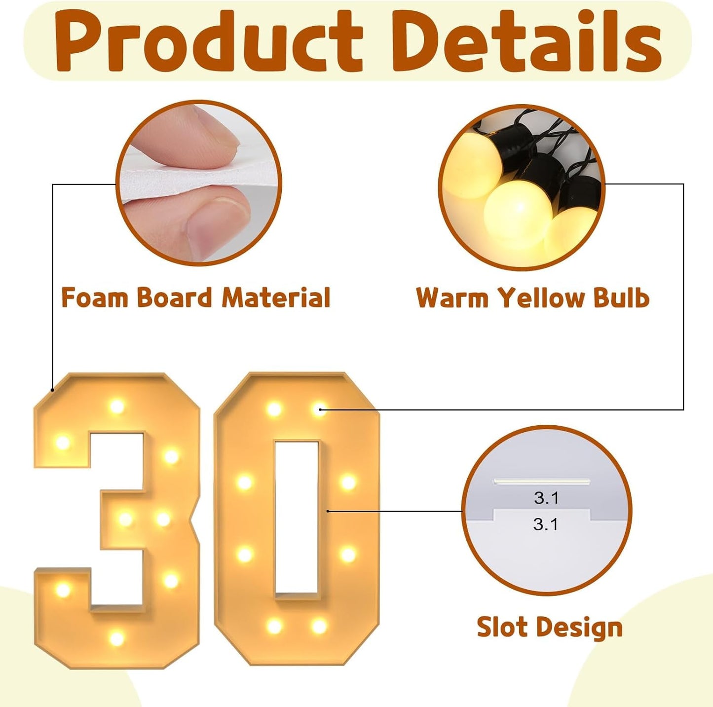 imprsv 3FT Light Up Numbers, Marquee Numbers 30th Birthday Decorations for Women, Men Foam Board Anniversary Party Decorations Arch Kit (DIY)