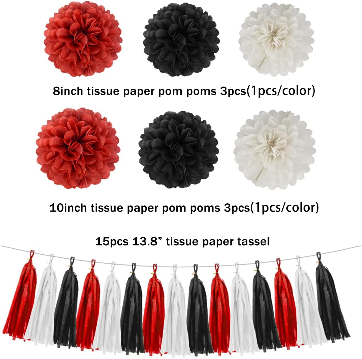 White Red Black Party Decorations - 23pcs Tissue Paper Flowers Pom Poms Tassel Garland Pennant Banner Flags Streamers Birthday Wedding Graduation Bachelorette Classroom Office Hanging Decor