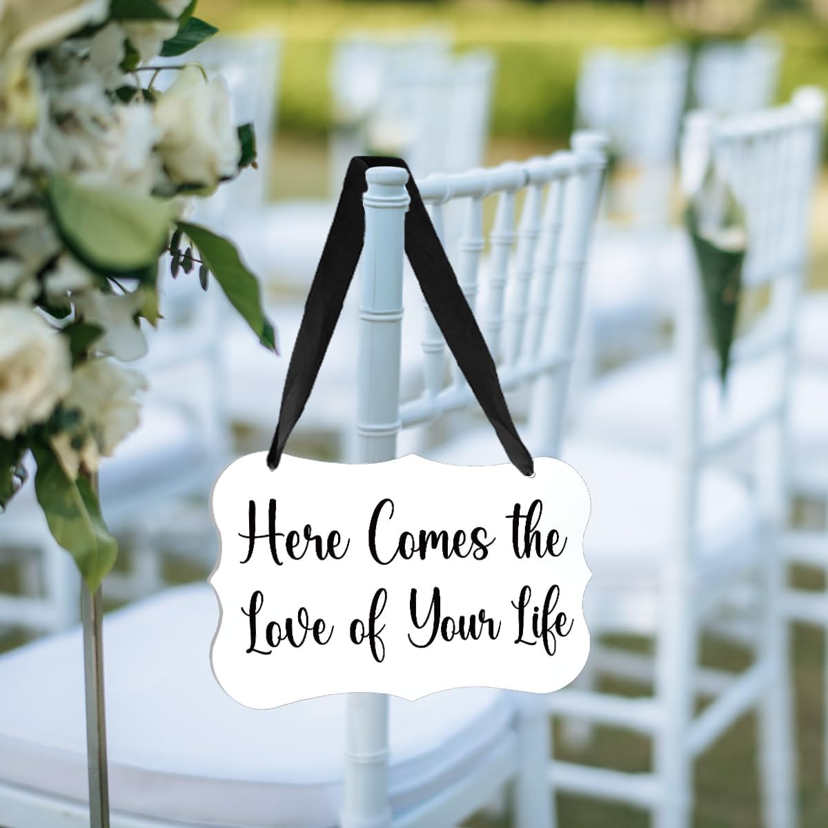 Acrylic Wedding Sign, Ring Bearer Sign, for Rustic Wedding Decor Signs, Acrylic Wall Art With Ribbon for Chairs Weddings Reception Decor and Event Party - Here Comes The Love of Your Life (White)