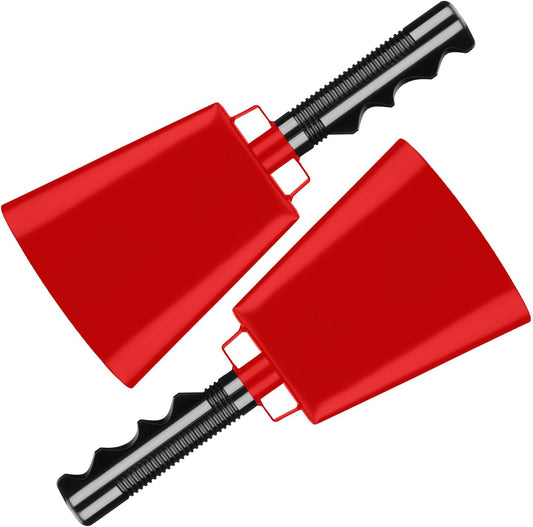 Deke Home - 2 Pack 10 Inch Steel Cowbells with Handle, Loud Noise Makers for Football, Sports, Parties, Competitions, School Spirit & Safety, Large Hand Bell for Cheering & Percussion Instrument