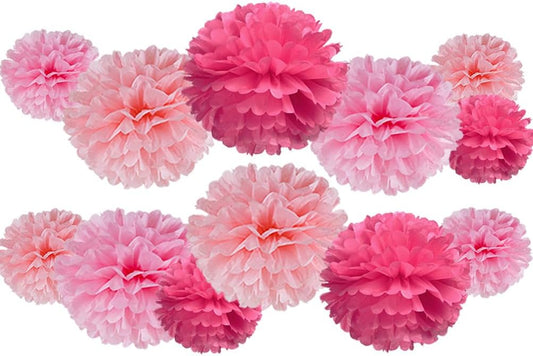 Pink Tissue Paper Pom Poms Flower for Valentine's Day Baby Shower Birthday Wedding Bachelorette Girl's Event Party Decoration, 12pc