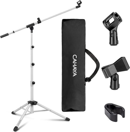 CAHAYA Microphone Stand Tripod Boom Arm Floor Mic Stand with Carrying Bag and 2 Mic Clips for Singing Performance Wedding Stage and Mic Mount White