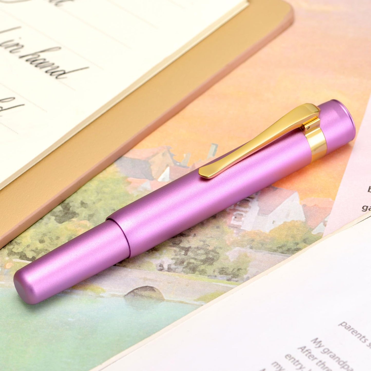 Hongdian M2 Mini Fountain Pen with Bent Nib, Sleek Shape Aluminium Short Pocket Travel Pen (Lilac Purple)