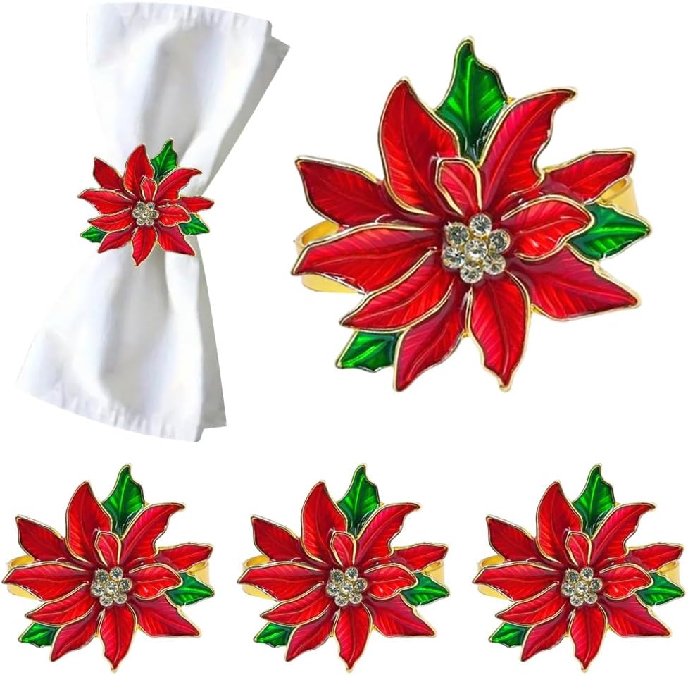 Poinsettia Napkin Rings Set of 6, Xmas Party Red Flower Napkin Holder Buckles, Thanksgiving Christmas Napkin Rings (Dark Red, One Size)