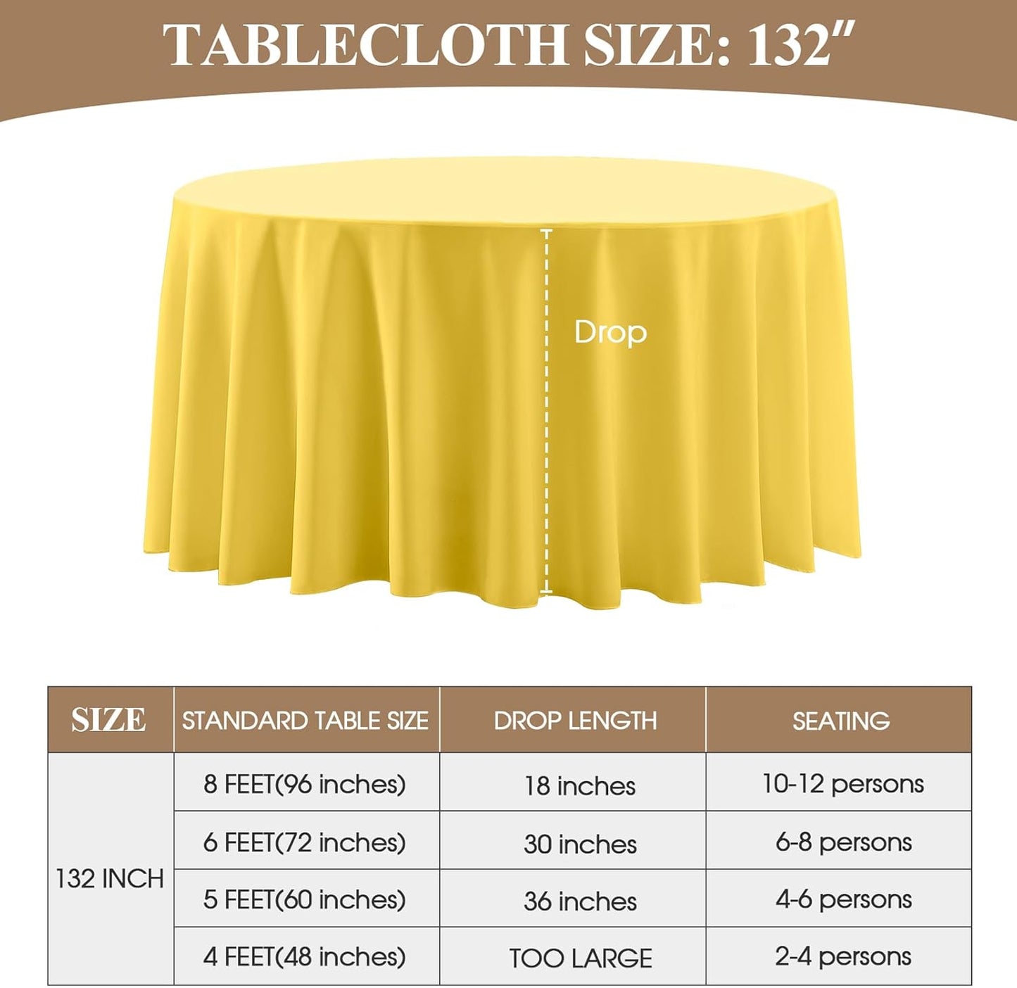 Round Tablecloth 132 Inch 6 Pack Yellow Tablecloths Washable Decorative Linen Polyester Table Clothes Cover for Dining Table Banquets Buffet Parties and Wedding