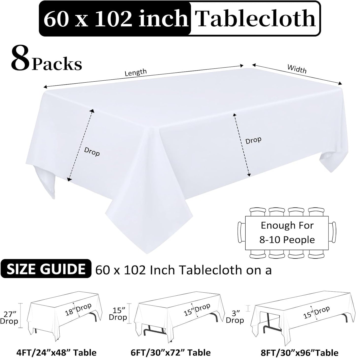 8 Pack White Table Cloth 60 x 102 Inch Rectangular Tablecloths for 6 Foot Rectangle Tables, Wrinkle Resistant White Tablecloth Washable Polyester Fabric Table Covers for Party Wedding Banquet