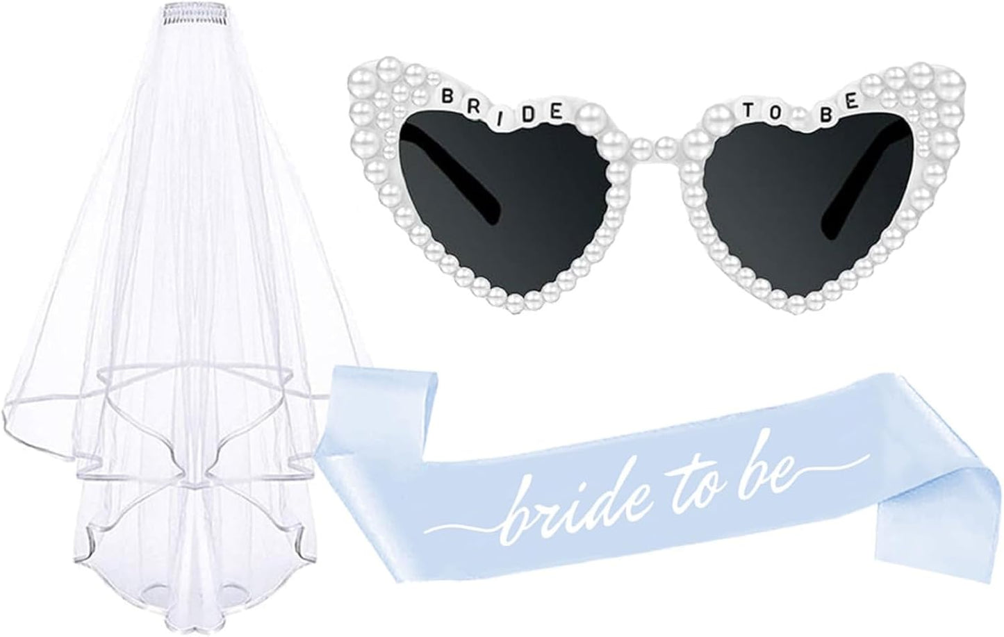 3PCS Blue Bride To Be Sash and Veils Bride to Be Heart Pearl Sunglasses for Bachelorette Bridal Shower Engagement Party Favors Accessories