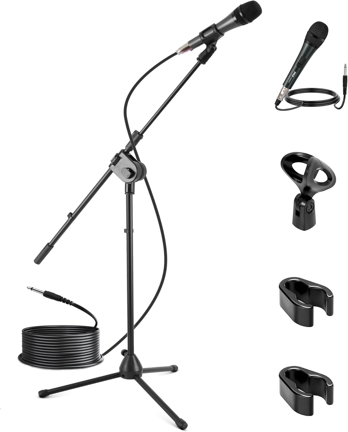Pyle Dynamic Microphone and Tripod Stand-Height Adjustable from 2.6' to 5.1 Telescoping Boom Arm Mic Length 7.48'' Inch w/Acoustic Pop Filter-Includes 15' ft XLR Cable PMKSM20, Black