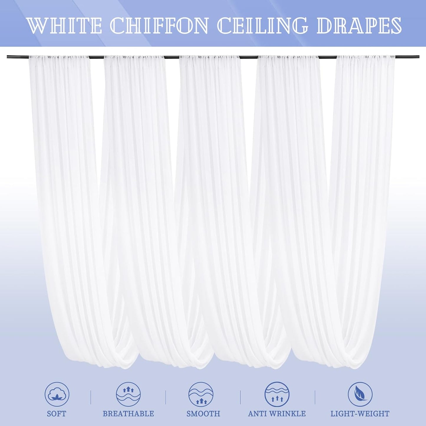 4 Panels White Ceiling Drapes for Wedding 5ftx20ft Chiffon Fabric Arch Draping Curtains for Party Ceremony Birthday Baby Shower Reception Stage Ceiling Decorations
