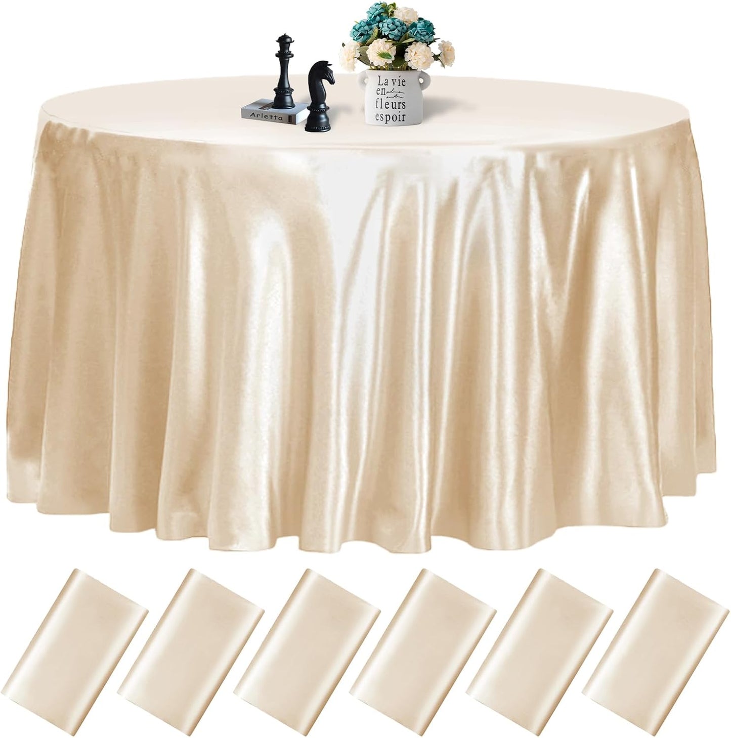 fani 6 Pack 120 Inch Champagne Round Tablecloth - Premium Silky Satin Tablecloth Overlay Smooth Fabric Table Cover Linens, Table Decoration for Wedding Party Banquet Events Restaurant Kitchen Dining