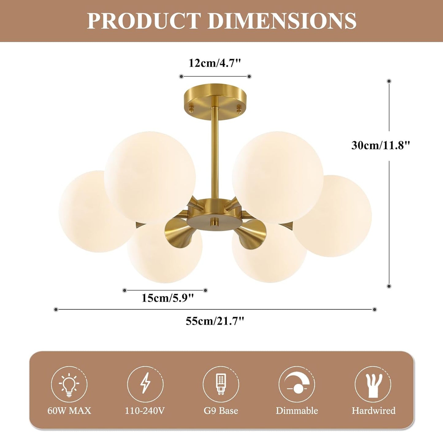 KCO Lighting Brushed Gold Sputnik Flush Mount Ceiling Light Mid Century Modern Overhead Ceiling Light 6-Lights Milk Glass Globe Semi Flush Mount Ceiling Light Fixture