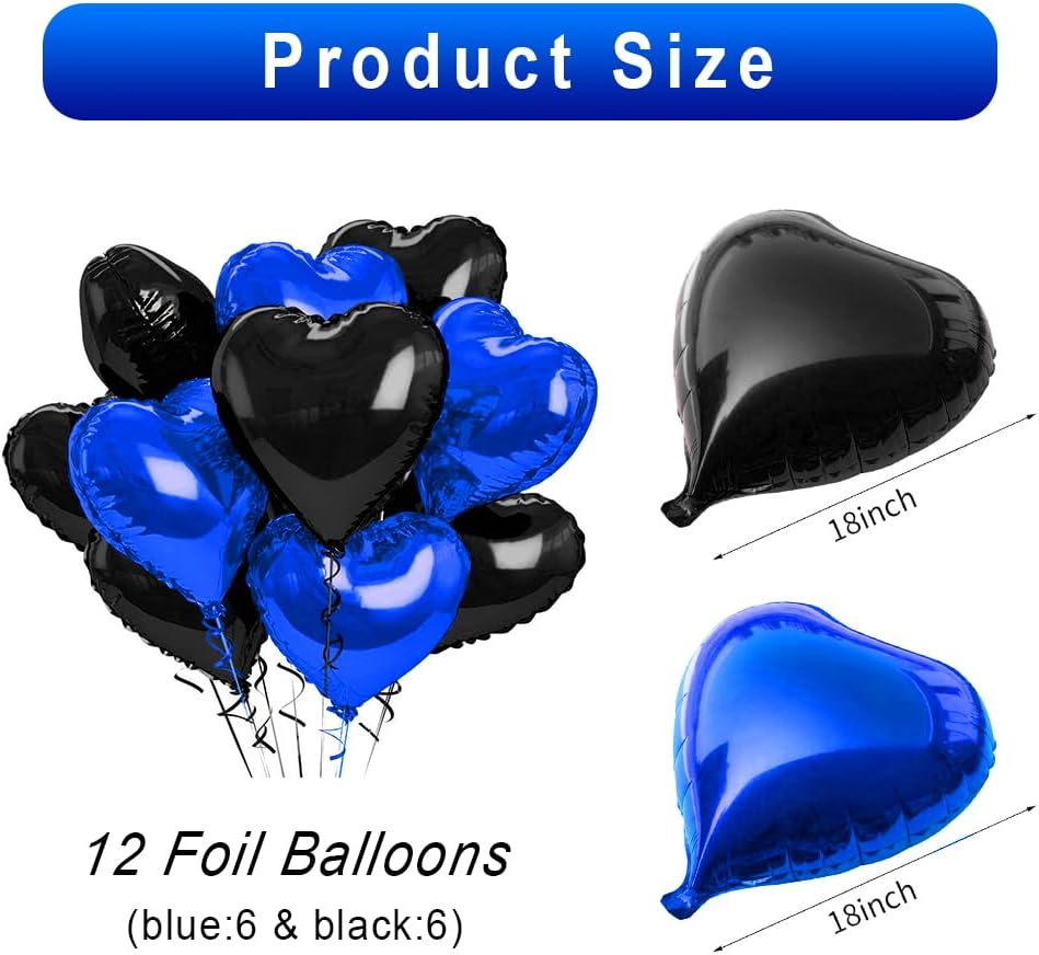 12 pcs Black Blue Heart Foil Balloons,18 Inch Heart Shaped foil Balloon Love balloons for Wedding Decoration Party Birthday Valentines'Day decoration
