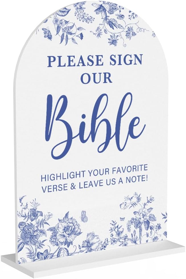Acrylic Wedding Signs, Dusty Blue Wedding Decor, Blue Weddings Decor, Modern Calligraphy Arch Acrylic Table Top Sign for Weddings Parties Dinners - Please Sign Our Bible (White)