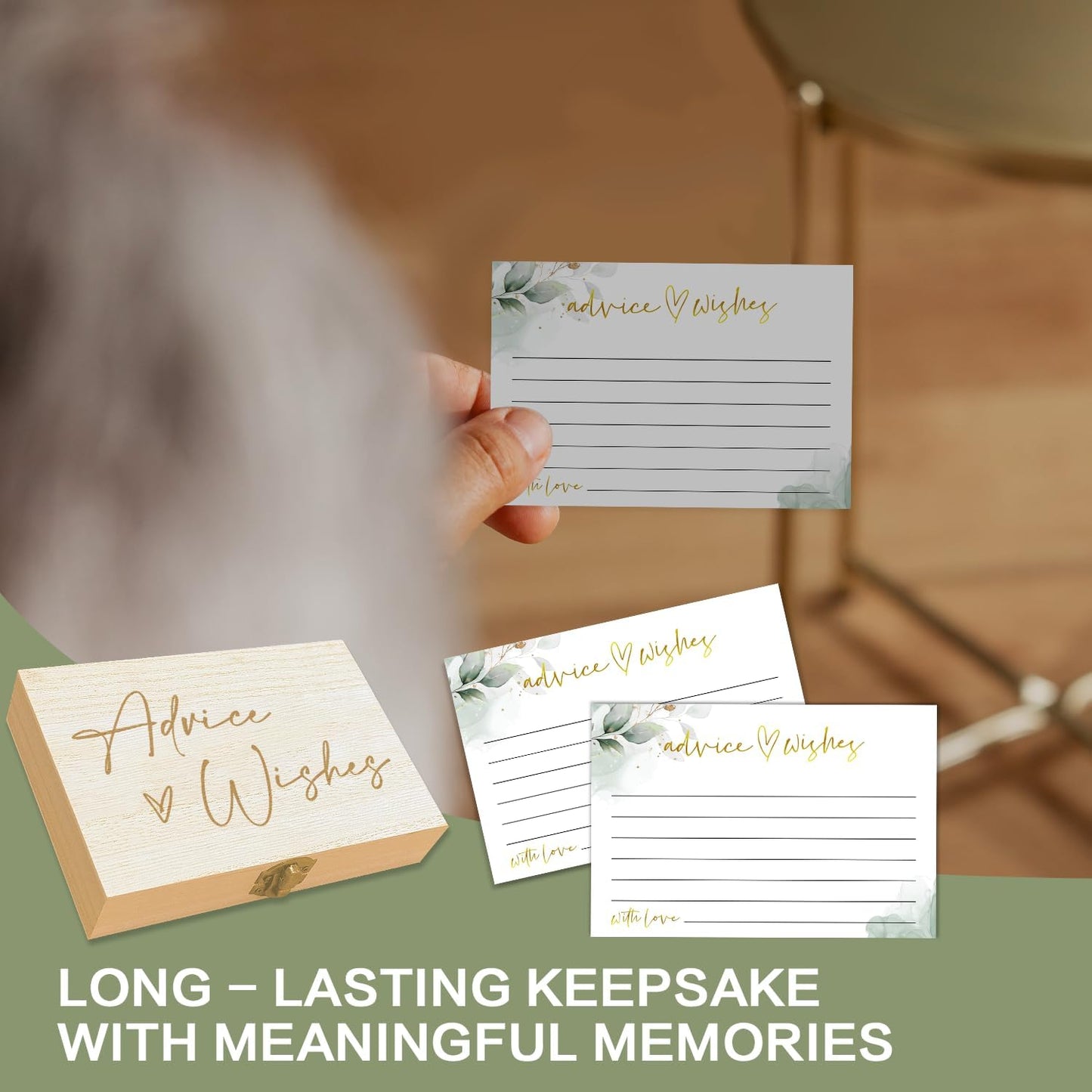 Watercolor Advice and Wishes Cards with Box - 50 Pcs Eucalyptus Advice Cards for Wedding, Bridal Shower, Baby Shower, Well Wishes Box for Graduation, Christmas, Birthday Party Decorations -A05