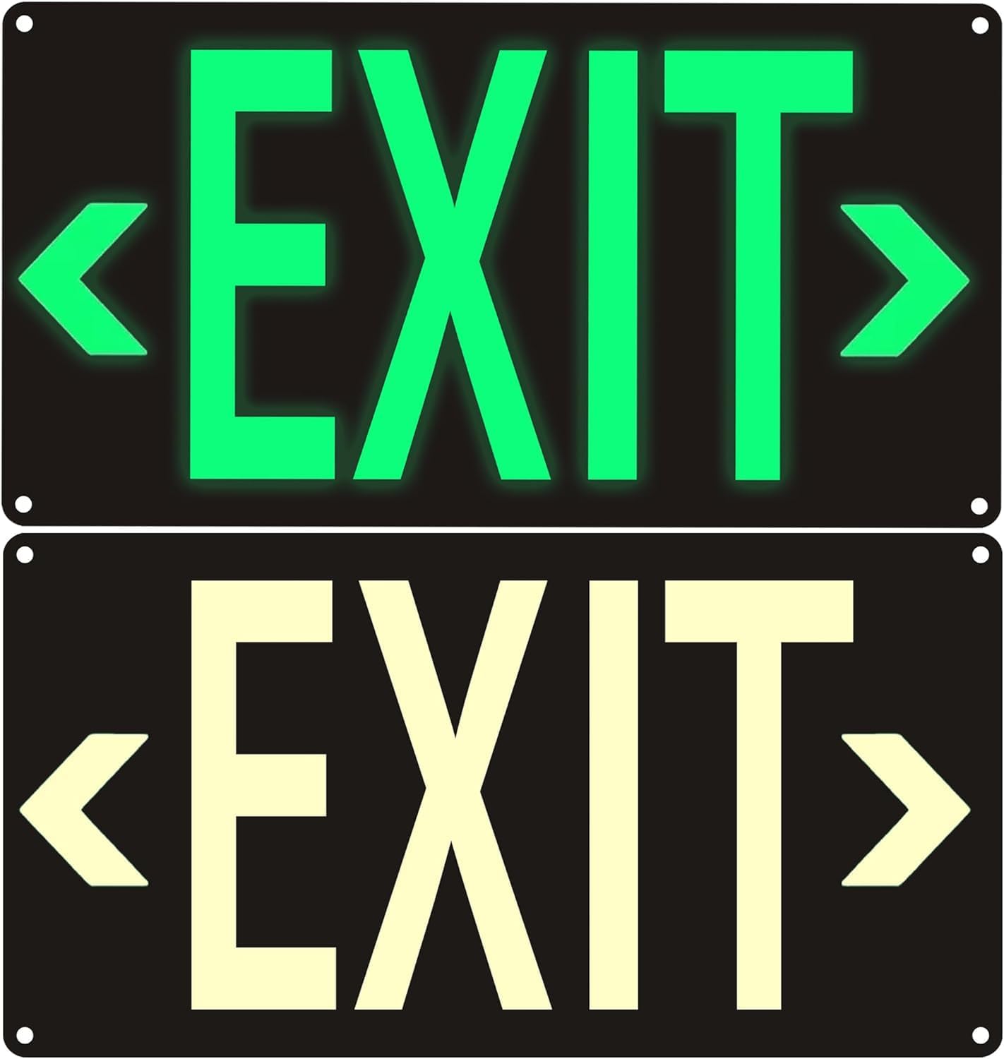 2Pack Photoluminescent Exit Sign Black, 14.25"x 7.5" Glow In The Dark Exit Signs Aluminum with 4pcs Removable Directional Arrows and Strong Adhesive Backing