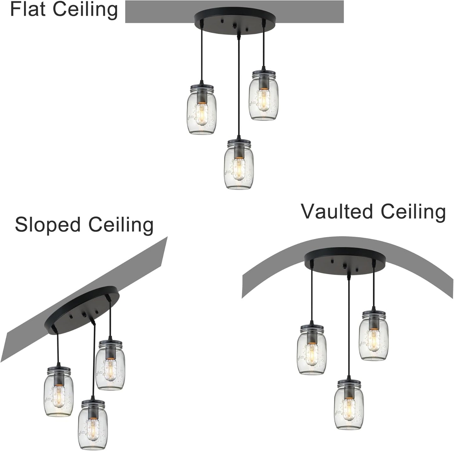 Kitchen Island Light, Adjustable Pendant Lighting,Glass Mason Jar Hanging Lamp (3-Light)