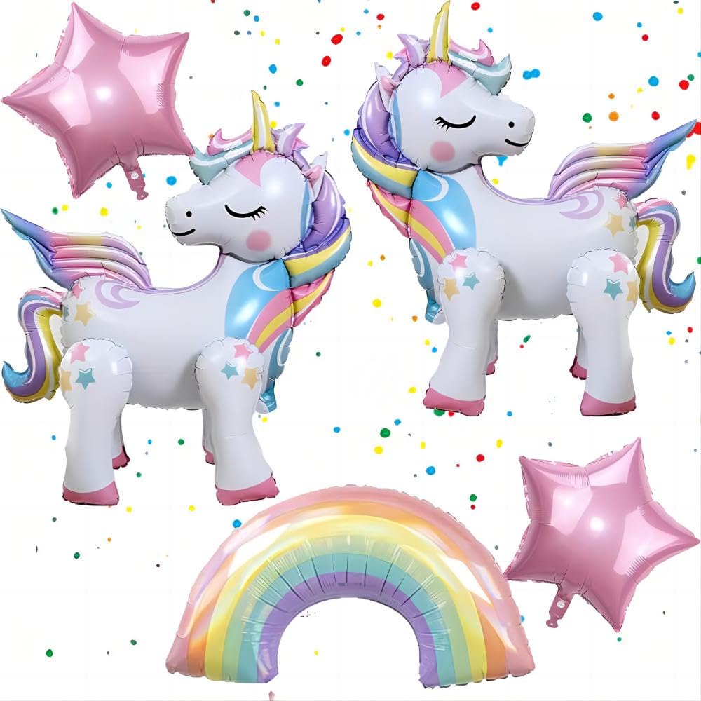 DUILE 5 Pcs Self Standing Unicorn Balloons - 3D Rainbow and Star Foil Balloons for Birthday Party