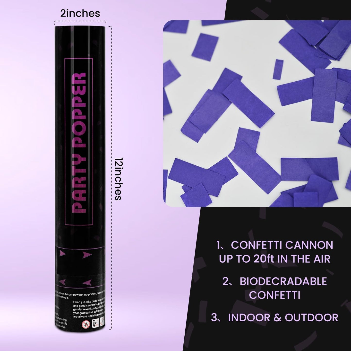 Confetti Poppers Purple Confetti Cannon 12 Pack Party Poppers Biodegradable12 inch Wedding Party Confetti Bulk Streamer Confetti Cannon Launches up to15-25ft for Christmas Birthday Graduation New Year