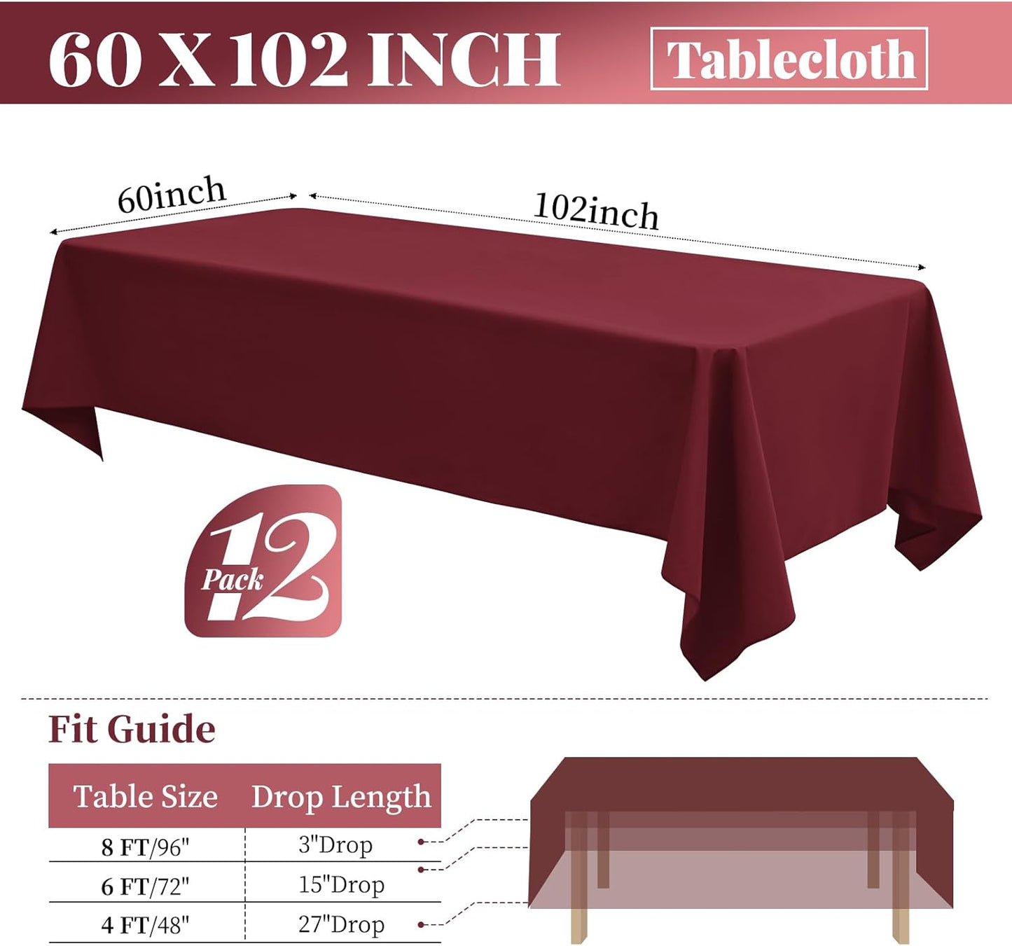12 Pack Polyester Tablecloth Rectangle Tablecloth 60 x 102 Inch Burgundy Tablecloth for 6 Ft Rectangle Tables, Washable Fabric Table Covers Polyester Table Clothes for Wedding Parties Banque