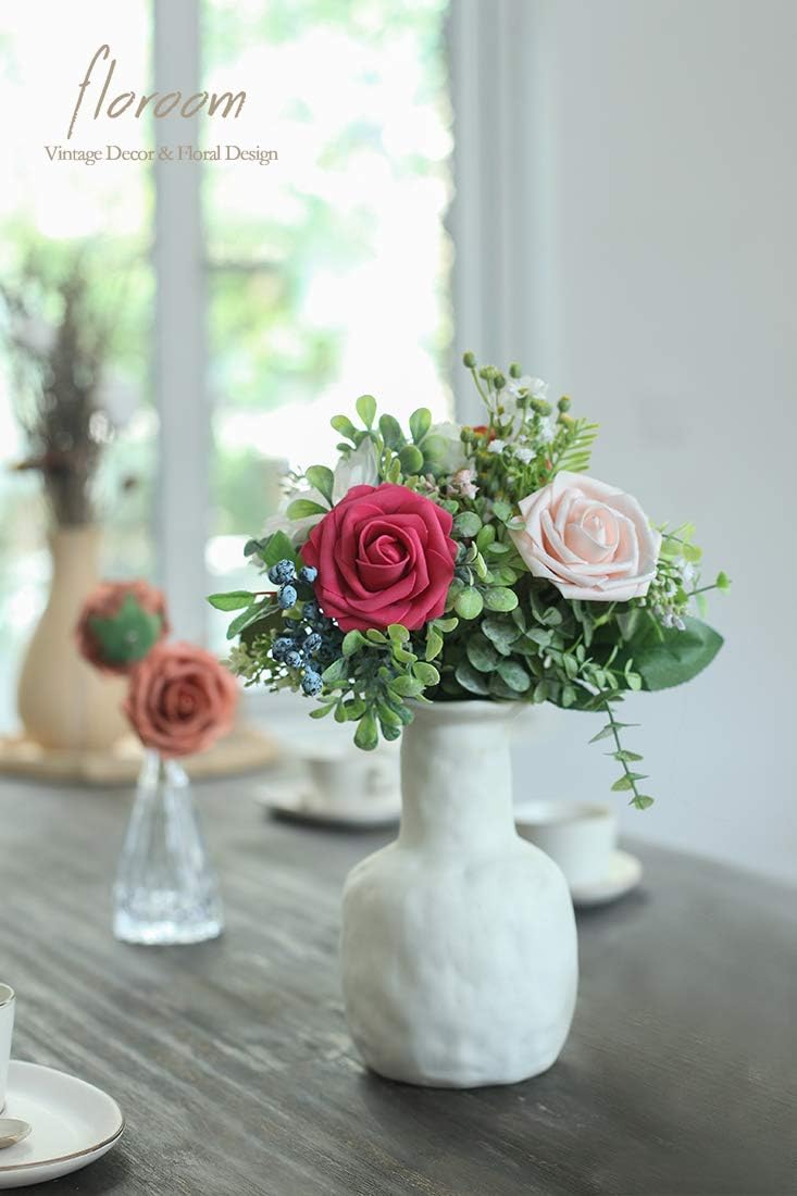 Floroom Artificial Flowers 25pcs Real Looking Shimmer Blush and Peach Foam Fake Roses with Stems for DIY Wedding Bouquets Bridal Shower Centerpieces Floral Arrangements Party Tables Home Decorations