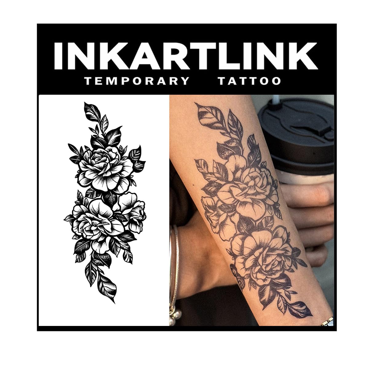 INKARTLINK Tattoo Tech, 2 Sheets Large Semi Permanent Tattoo, Temporary Tattoos, Last 1-2 Weeks, Waterproof, Realistic Look, No Adhesive, No Reflection （Flower Design)123