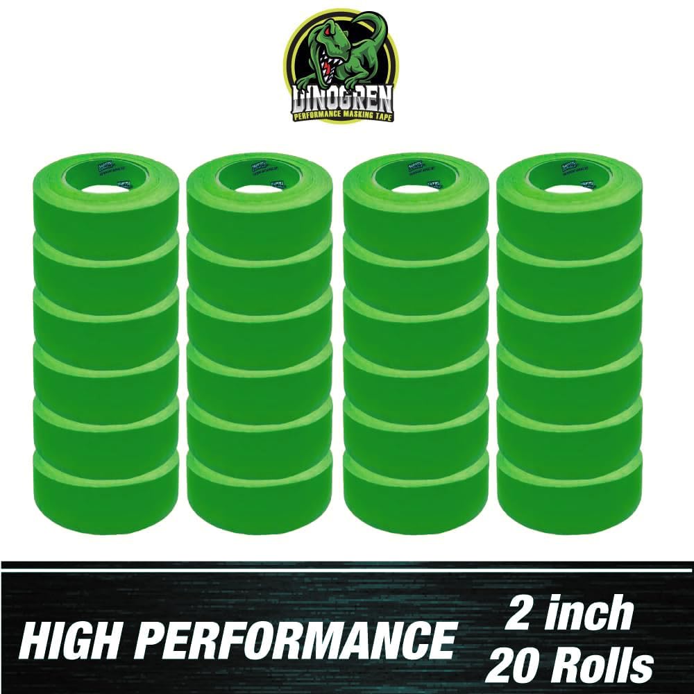 DINOGREN High Performance Automotive Masking Tape – 2 Inch x 60 Yards (20 Rolls) – Heat & Water Resistant Green Tape for Car Paint, Auto Body Shop, Industrial Use, Clean Removal, Solvent Safe- 7767