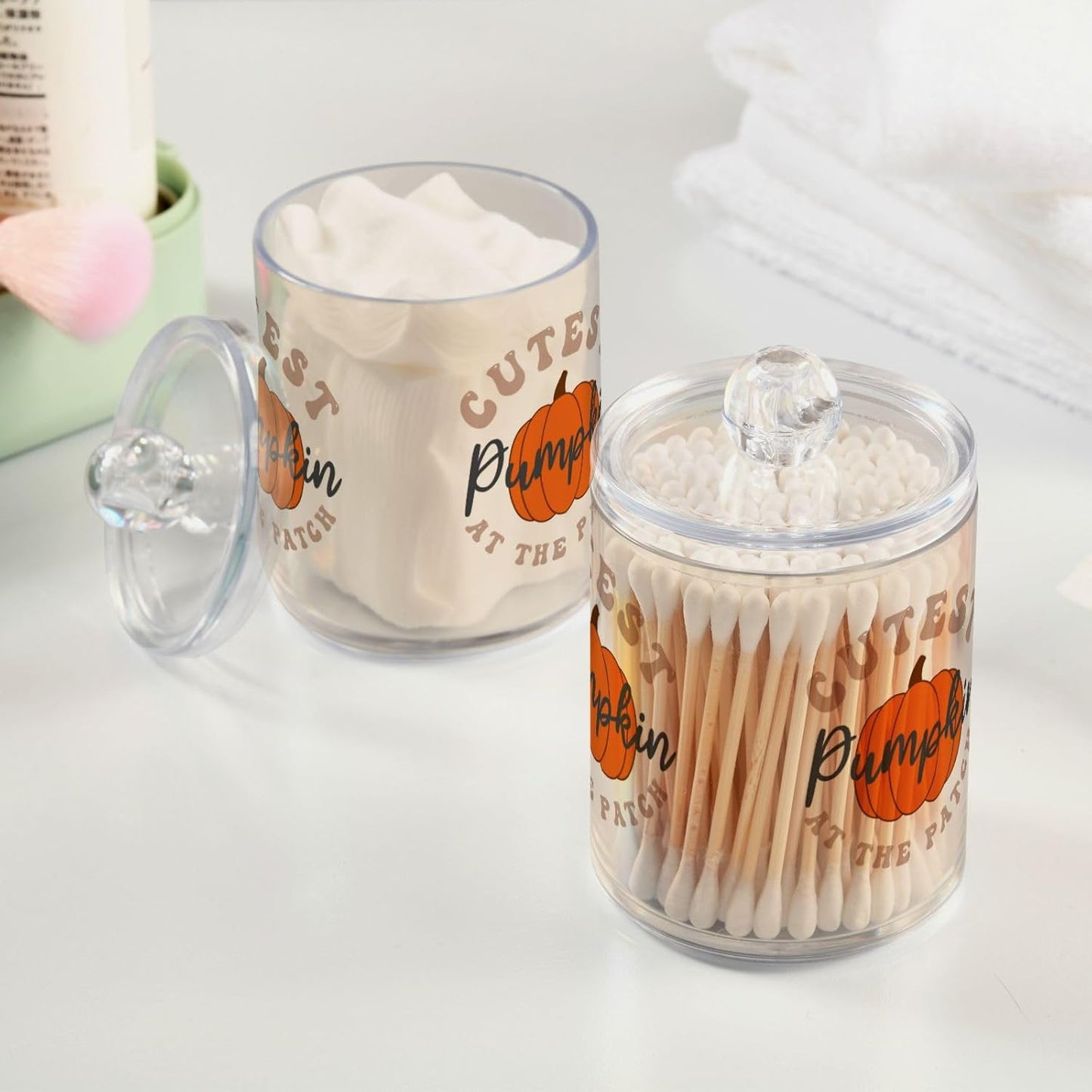 Gredecor 2 Pack Apothecary Jars with Lid Cutest Pumpkin Qtip Holder Dispenser Storage Containers Clear Plastic Cute Rustic Fall Autumn Thanksgiving Theme Canisters for Bathroom Vanity Organization