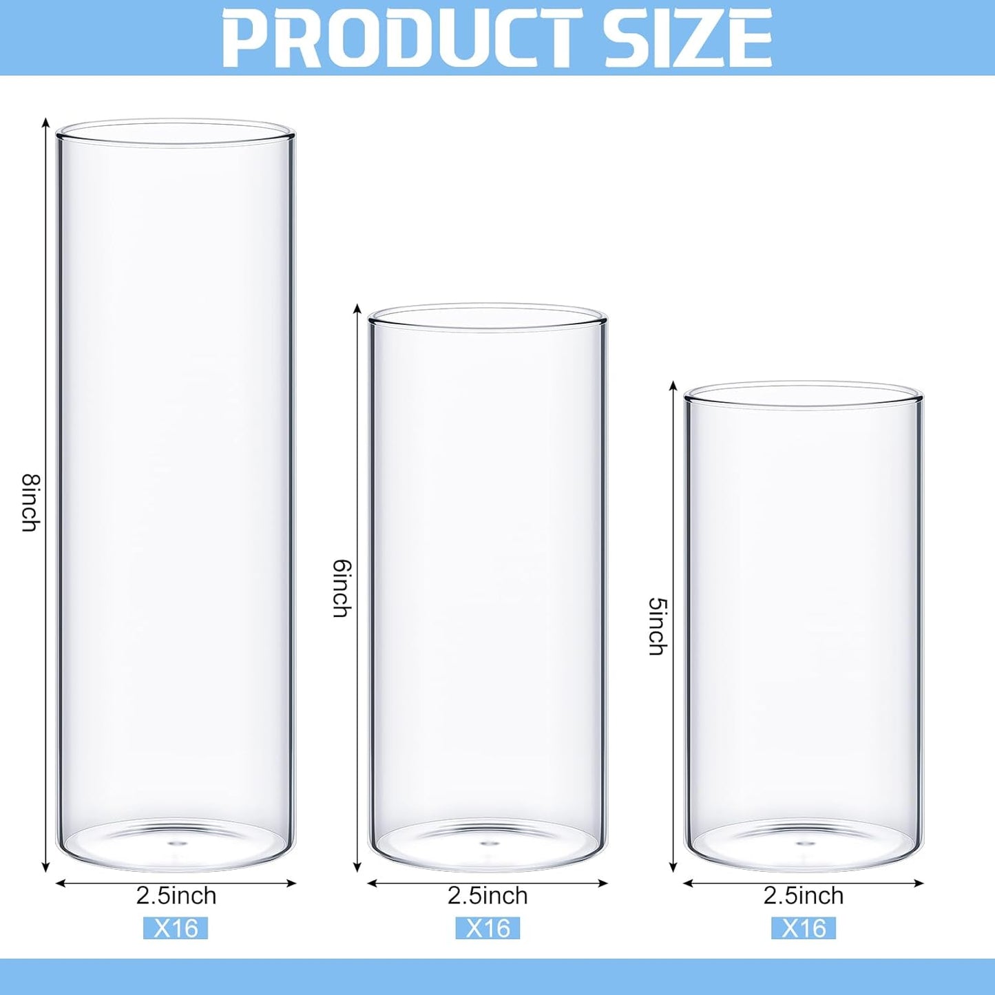 Thin Glass Cylinder Vases 2.5''/3.3'' Diameter 2mm Wall Thickness Clear Flowers Vase Hurricane Floating Candles Holders for Table Centerpieces Wedding Decor(2.5'' X 5'',6'',8'',48 Pcs)